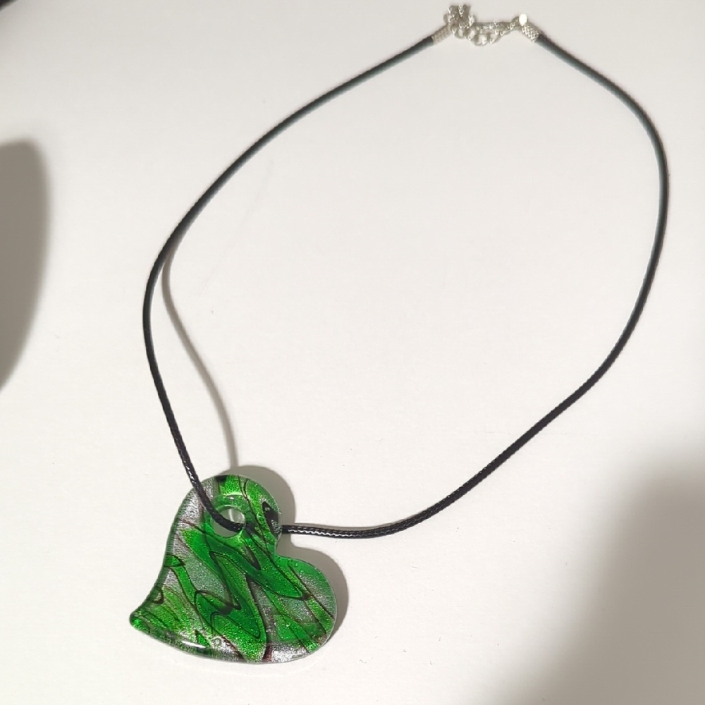 Modern ART GLASS Heart Pendant Necklace on 16" Cord With Extender
